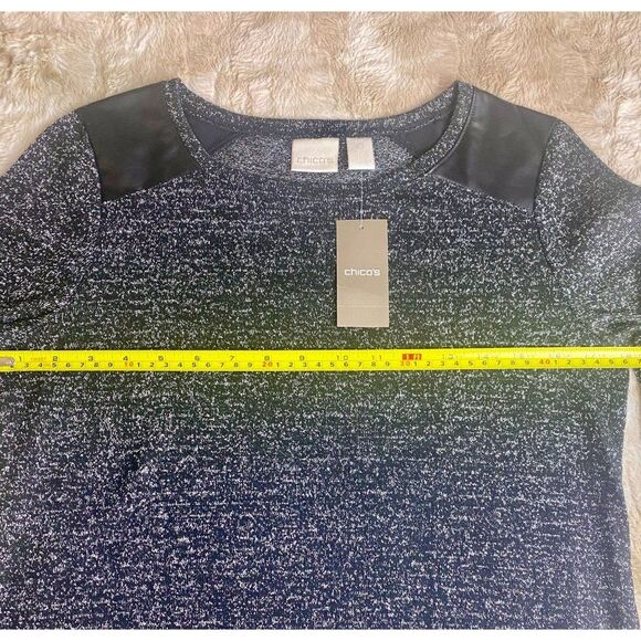 NWT Chico's T-shirt top Black Silver Metallic Faux Leather Shoulders, Size S - Picture 5 of 12